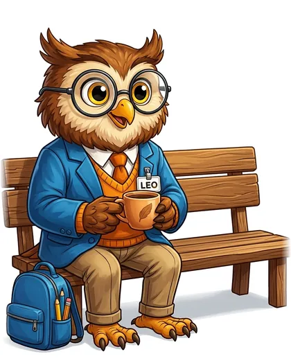 Leo descansando en una banca con una taza en las manos.