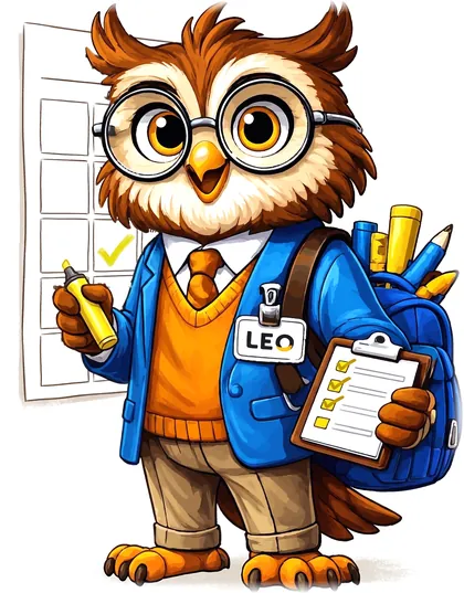 Leo marcando un calendario con un resaltador, con un portapapeles de tareas y su mochila.